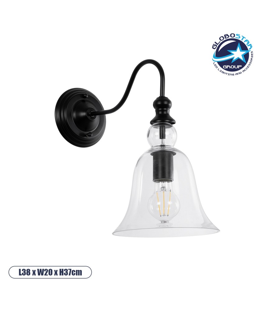 GLOBOSTAR® LILLY 01064 Vintage Φωτιστικό Τοίχου - Απλίκα με Ντουί 1 x E27 AC 220-240V IP20 - Μαύρο & Διάφανο - Μ38 x Π20 x Υ37cm